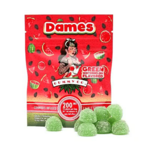 A package of Dames Gummy Co. green watermelon-flavored cannabis gummies.