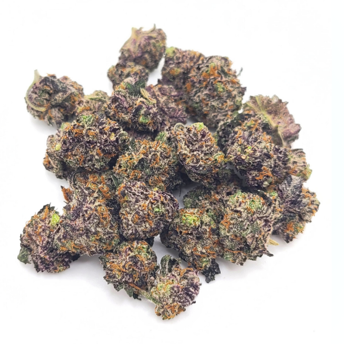 Death Star OG Smalls indica cannabis buds featuring dark purple hues. Available for purchase at Budora