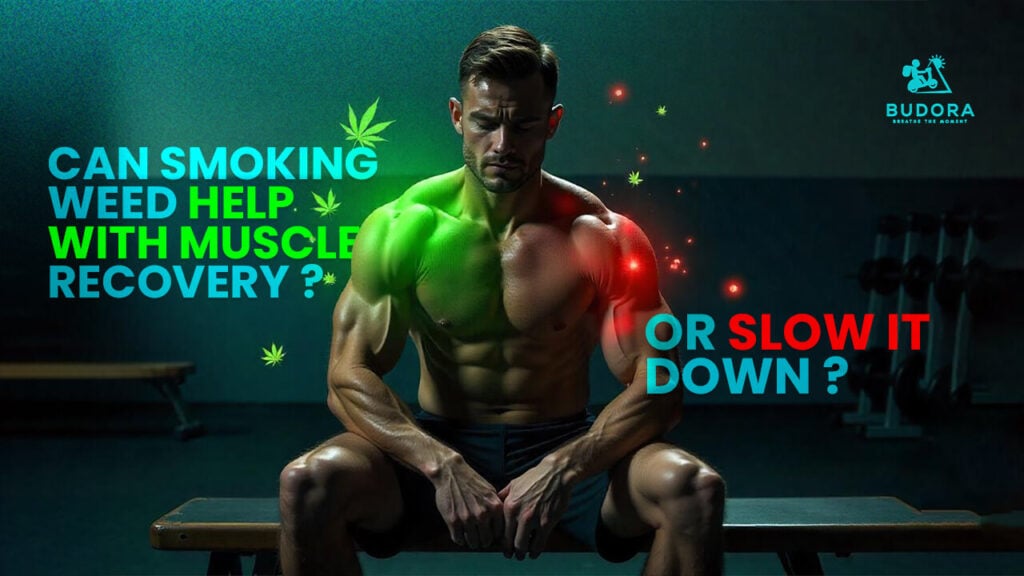 A muscular man with green and red highlights on his body, pondering whether cannabis helps or hinders muscle recovery. Text on image asks: "Can Smoking Weed Help with Muscle Recovery? Or Slow It Down?"