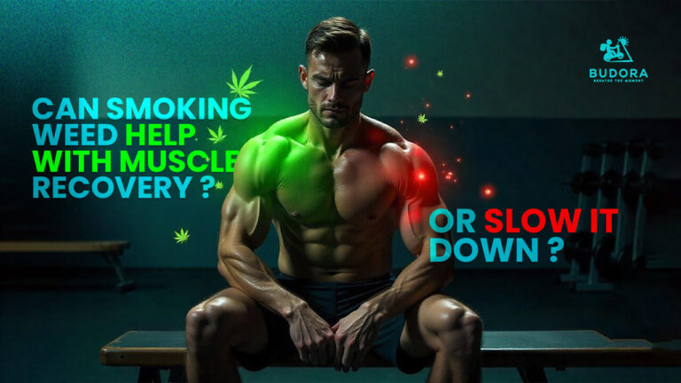 A muscular man with green and red highlights on his body, pondering whether cannabis helps or hinders muscle recovery. Text on image asks: "Can Smoking Weed Help with Muscle Recovery? Or Slow It Down?"