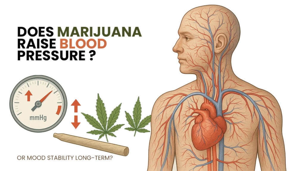 Illustration depicting the human circulatory system, a blood pressure gauge, and marijuana leaves and a joint, asking if marijuana raises blood pressure.