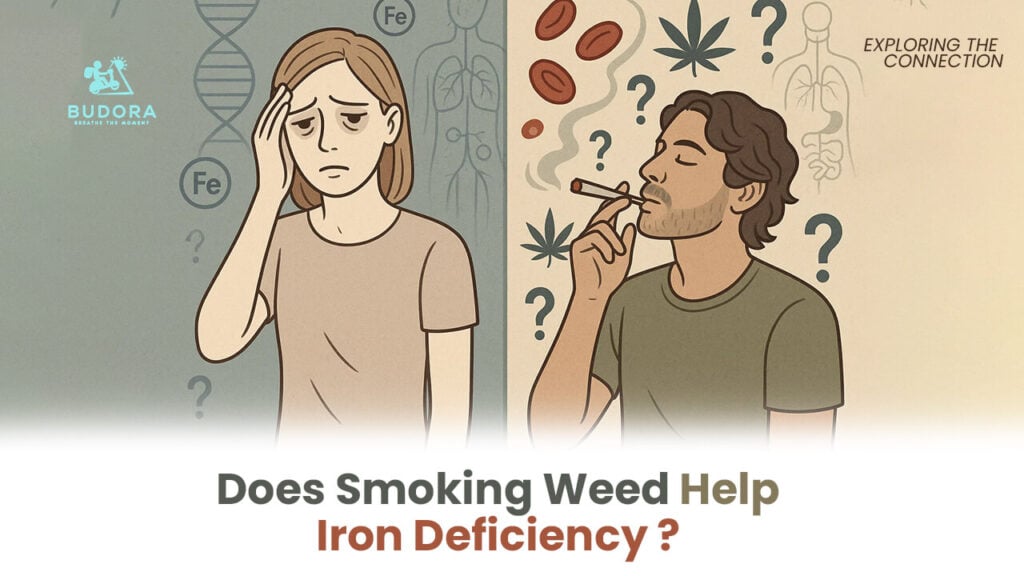 isual contrasting symptoms of iron deficiency with cannabis use, asking "Does Smoking Weed Help Iron Deficiency?" to illustrate a blog post exploring this connection.