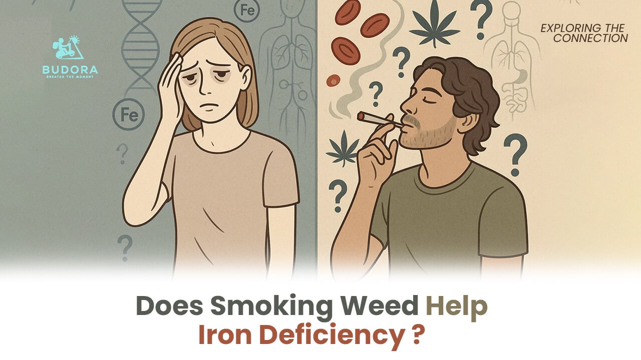 isual contrasting symptoms of iron deficiency with cannabis use, asking "Does Smoking Weed Help Iron Deficiency?" to illustrate a blog post exploring this connection.