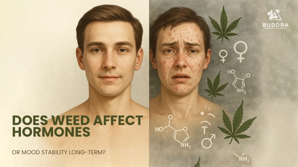 Image showing the potential long-term effects of cannabis on hormones and mood stability, with a healthy individual transforming into someone with skin issues and distressed.