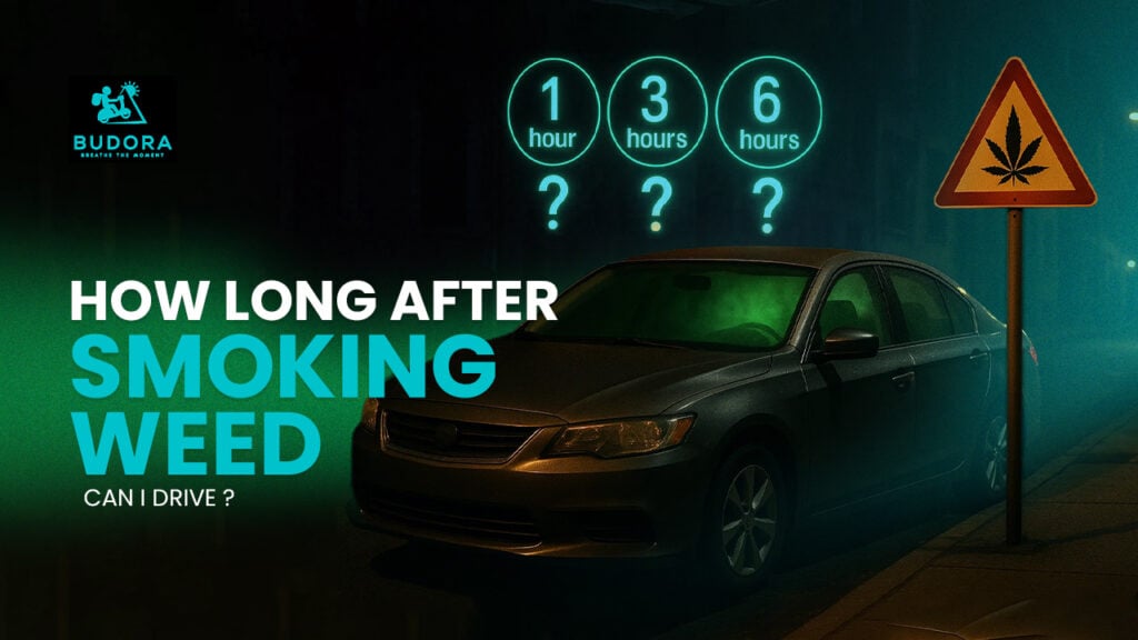 Car with cannabis warning sign and 'How Long After Smoking Weed Can I Drive?' text, featuring 1, 3, 6 hour wait time questions for a Budora.net safety guide.
