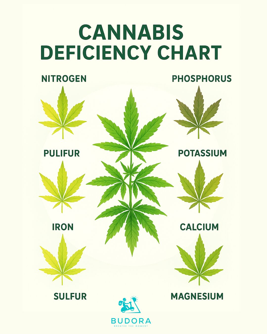 Weed and Iron Deficiency: What You Need to Know 1 A cannabis deficiency chart showing how nutrient deficiencies (nitrogen, phosphorus, potassium, etc.) affect leaf appearance.
