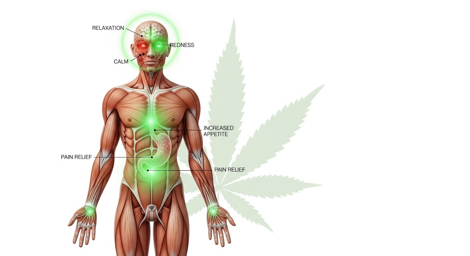 Cannabis Indica Side Effects: What You Need to Know Before You Consume 1 A scientific diagram shows a human body with glowing green and red areas. Labels point to specific effects on the body.