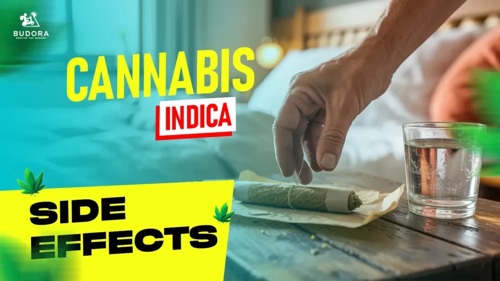 Hand reaching for a cannabis joint on a nightstand, with text CANNABIS INDICA SIDE EFFECTS