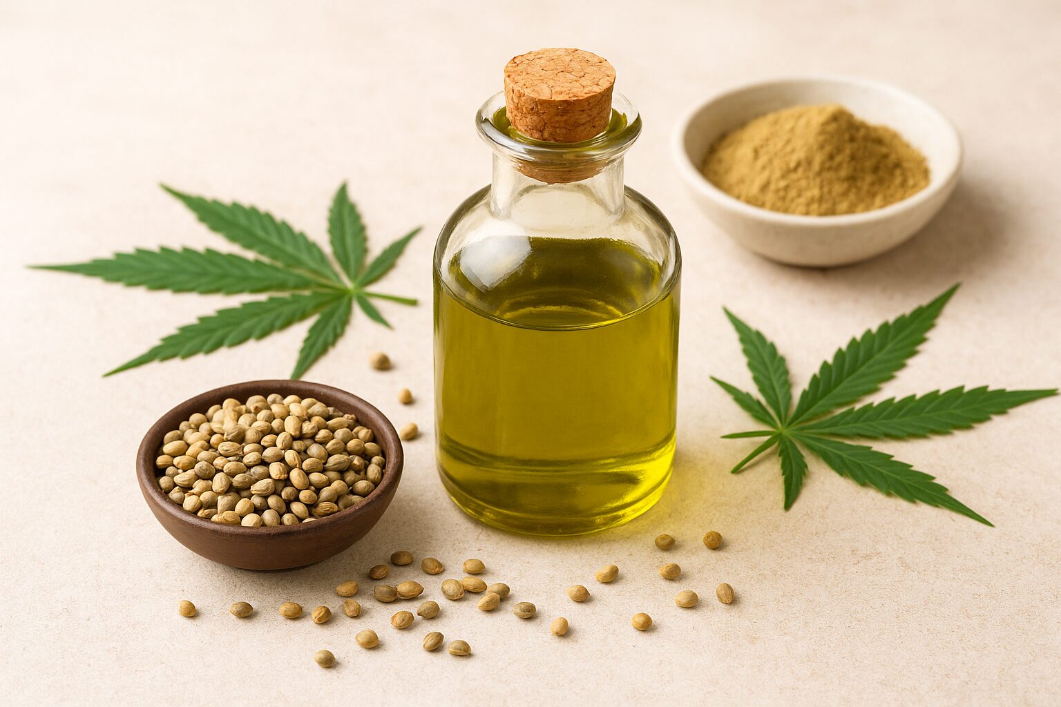 Benefits of Cannabis Sativa Seed Oil 1 Cannabis oil in a small bottle next to a pile of hemp seeds on a wooden surface.