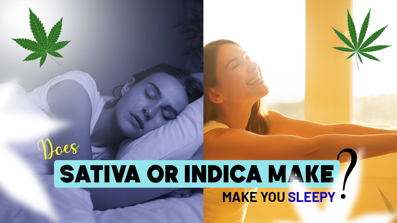 A split image contrasting a person sleeping with an energetic person, with the text Does Sativa or Indica Make You Sleepy?.