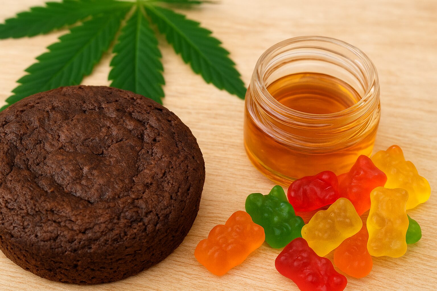 How to Make Edibles with Concentrate at Home Easily 1 Cannabis gummies displayed alongside a jar of honey on a wooden surface, highlighting a sweet and herbal combination.