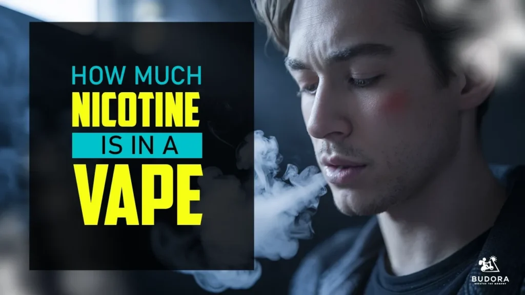 A man exhaling a large cloud of vapor, with the text HOW MUCH NICOTINE IS IN A VAPE on a dark background. The Budora logo is in the corner.