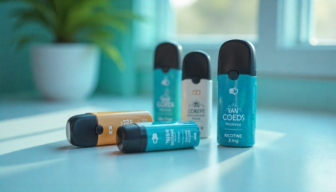 How Much Nicotine Is in a Vape? Juice Strengths, Pods & Cigarette Comparison 2 A group of sleek, modern nicotine pouches in various colors like teal, white, and orange, on a windowsill.