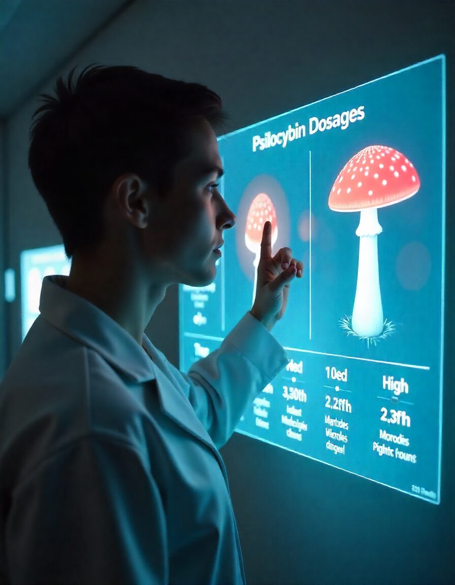 How to Take Psilocybin Mushrooms: Dosage, Methods & Safety Tips 1 Futuristic psilocybin mushroom dosage chart on a holographic screen showing microdose, moderate, and high-dose levels.