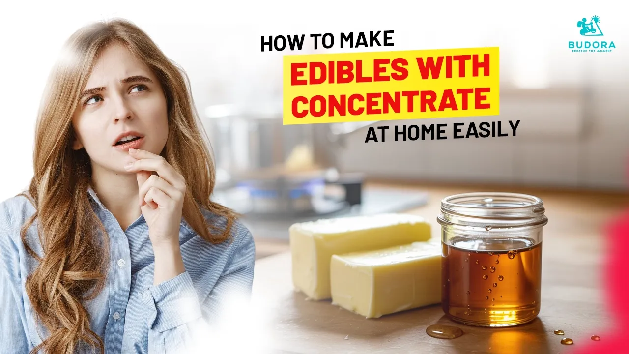 Woman looking at cannabis concentrate and butter, Budora guide on making edibles.