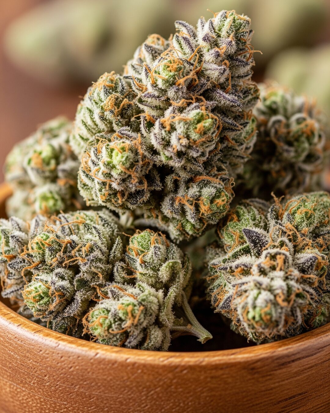 Does Sativa or Indica Make You Sleepy? Their Effects and Differences 2 A close-up of a small wooden bowl filled with a pile of cannabis buds. The buds are covered in trichomes