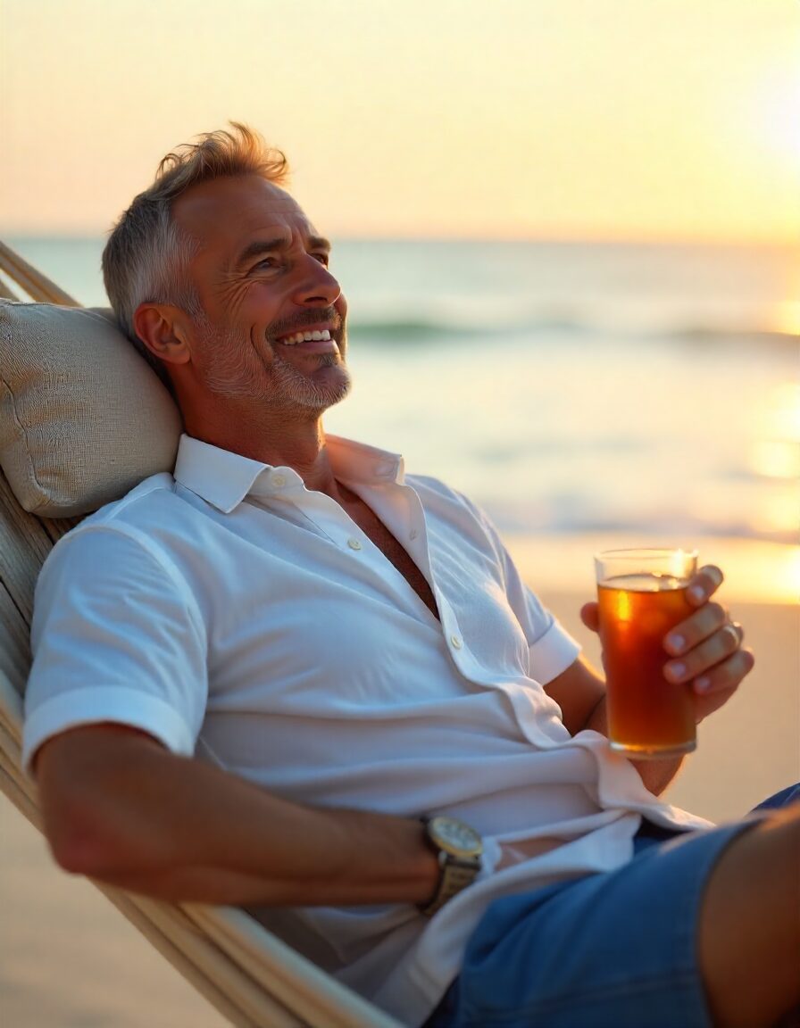 Cannabis Indica Side Effects: What You Need to Know Before You Consume 3 Middle-aged Caucasian man relaxing on a hammock at the beach during sunset, holding a glass of iced tea.