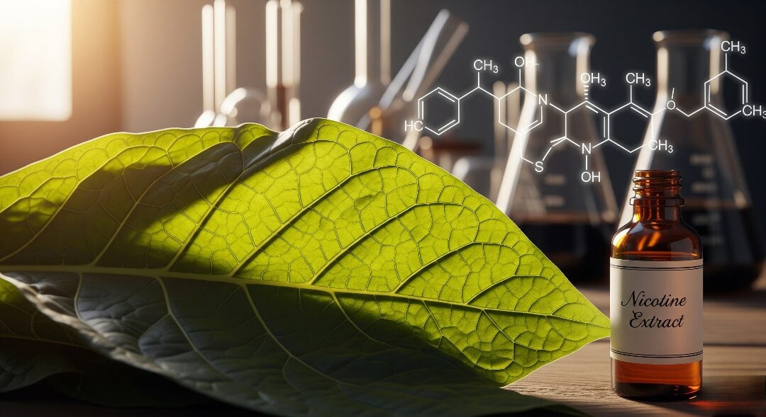 How Much Nicotine Is in a Vape? Juice Strengths, Pods & Cigarette Comparison 1 A green leaf next to a small bottle labeled Nicotine Extract, with a chemical structure floating above.