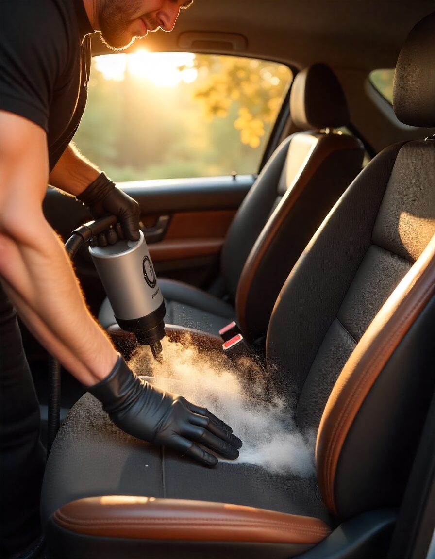 How to Get Smoke Smell Out of a Car: The Complete 2025 Guide 3 Professional auto detailer steam cleaning a fabric car seat with visible rising steam inside a modern vehicle.