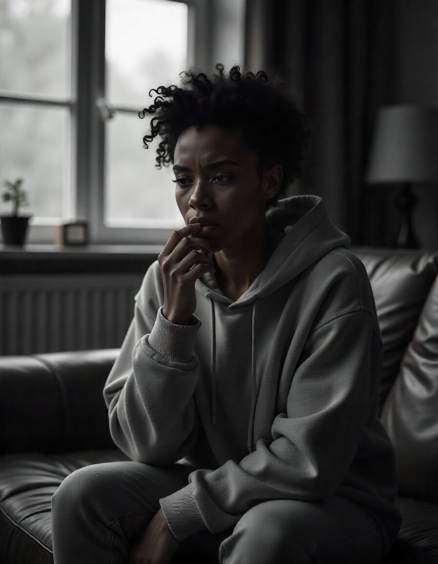 Cannabis Indica Side Effects: What You Need to Know Before You Consume 2 Anxious young African-American woman sitting on a couch, biting her nails in a dimly lit living room.