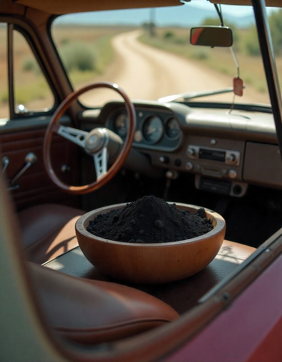 How to Get Smoke Smell Out of a Car: The Complete 2025 Guide 2 Rustic wooden bowl of activated charcoal on vintage car dashboard with worn leather seats and sunlight.
