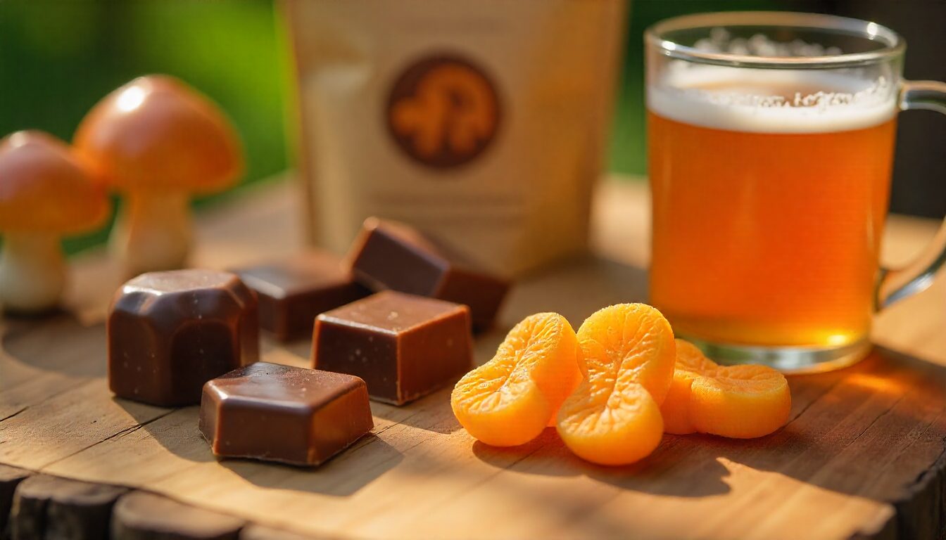 How Long Do Shroom Edibles Take to Kick In? Effects, and What to Expect 1 A rustic outdoor scene with chocolate squares, peeled mandarin orange segments, and a glass of beer on a wooden surface.