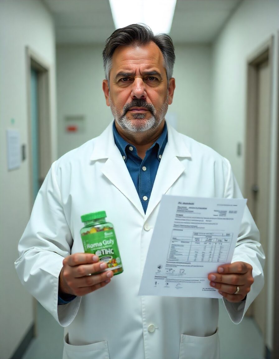 How Long Does a THC Edible Stay in Your Blood? Detection Times, Effects, and What to Expect 1 A middle-aged doctor in a white lab coat holds a bottle of gummies and a lab report, looking at the camera.