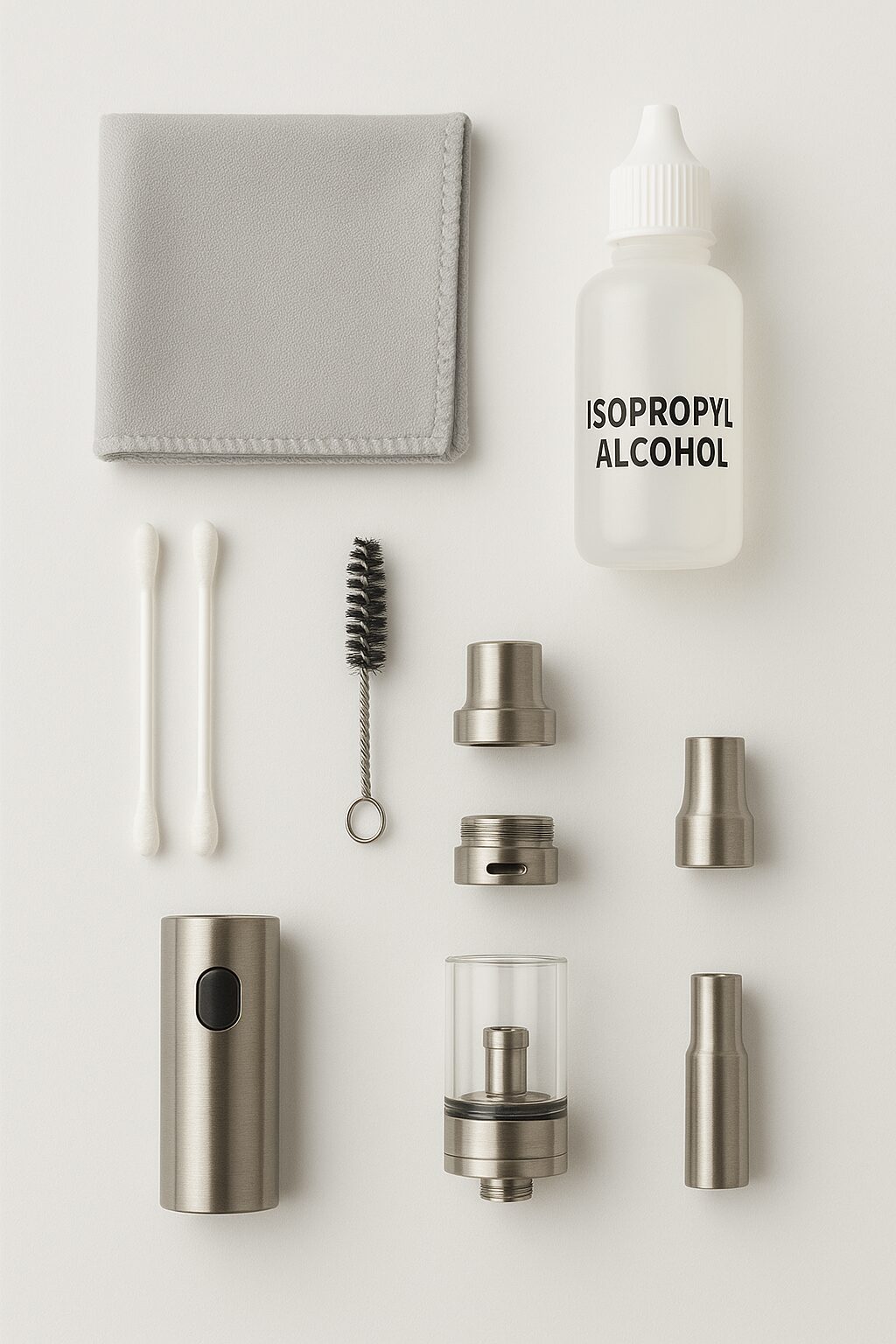 How to Use a Vape Pen: The Complete Beginner’s Guide 4 Vape cleaning kit with alcohol bottle and tools.