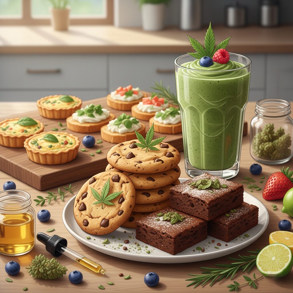 Cannabis-infused cookies, brownies, smoothie, and appetizers on a kitchen counter with cannabis oil, herbs, and fruits.