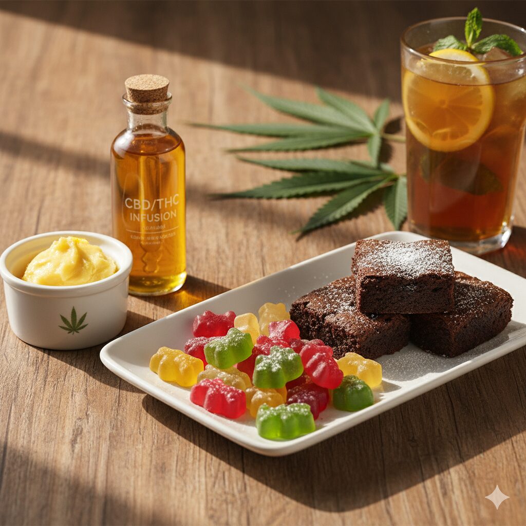 Cannabis edibles and infusions: butter, oil, gummies, brownies, and a drink, arranged on wood with cannabis leaves.
