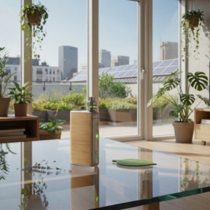  A sleek, eco-friendly vape on a glass table in an urban apartment with a rooftop garden, solar panels, and plants.