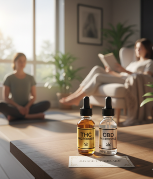 Microdosing THC and CBD for anxiety relief, with dropper bottles on table and people calmly relaxing in the background.