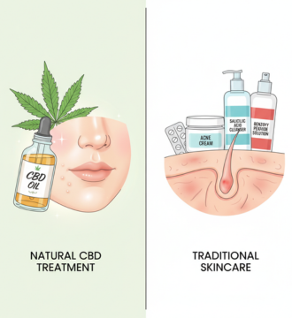 Split-screen: CBD oil, hemp leaf, healthy skin on left. Traditional skincare products, inflamed skin on the right.