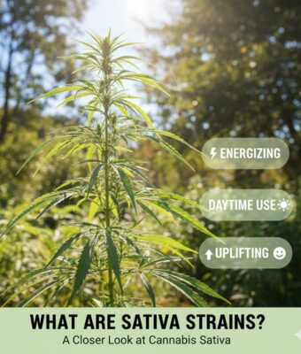 Close-up of a Cannabis Sativa plant in sunlight, with text highlighting 'energizing,' 'daytime use,' and 'uplifting' traits.