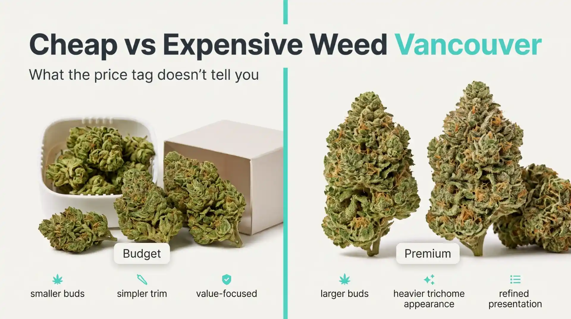 Side-by-side comparison of budget and premium cannabis for cheap vs expensive weed in Vancouver.